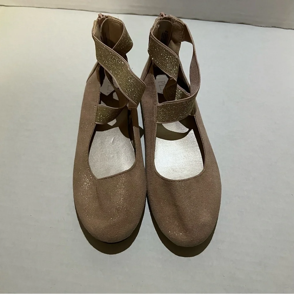 The Children’s Place Girls Gold Glitter pink Ballet Flats Ankle Strap Size 2